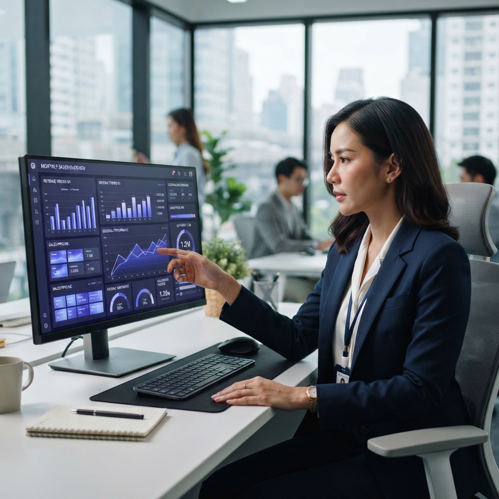 ผู้จัดการฝ่ายขายกำลังติดตามยอดขายบน Sales Dashboard