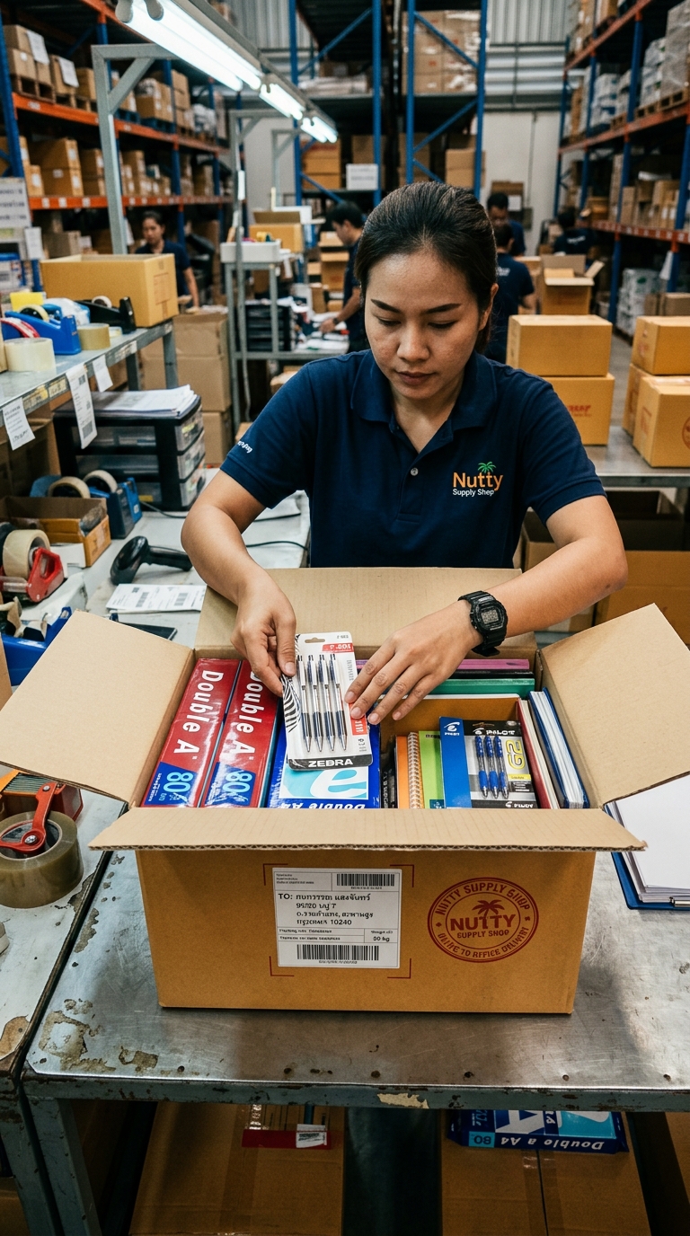 พนักงานกำลังเตรียมส่งมอบสินค้าเครื่องเขียน